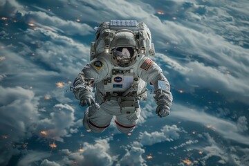 Astronaut hovering over earth's cloudy atmosphere