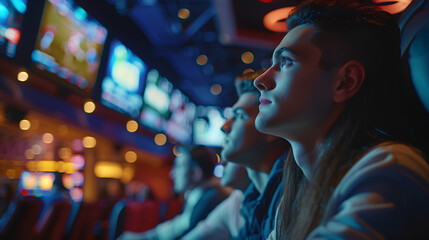 A moment of suspense in a casinos sportsbook as fans watch a crucial play in a major game captured in real-time. - obrazy, fototapety, plakaty