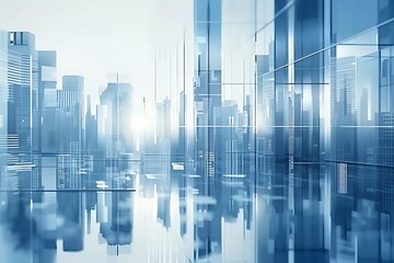 An abstract futuristic cityscape background with glass buildings and skyscrapers.