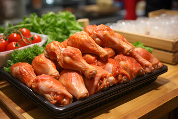 Chicken drumsticks on a fresh meat market