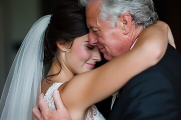Up-close perspective of a young brunette bride's joyful embrace with her father, both overcome with emotion as they share a tender moment before he walks her down the aisle to her soon-to-be spouse 01