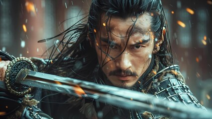 Ancient Chinese Martial Arts Movie Shots - A handsome longhair swordsman. - obrazy, fototapety, plakaty