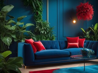 Elegant Living Room with Blue Velvet Sofa, Red Cushions, and Lush Green Plants Against a Deep Blue Wall