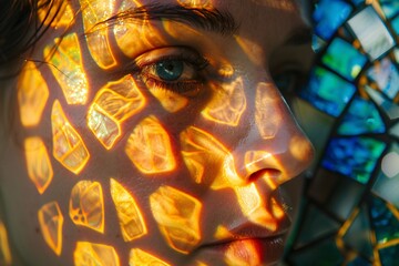 Up-close perspective of a person's face reflected in a colorful mosaic mirror, illuminated by natural light, capturing the complexities of divorce 02