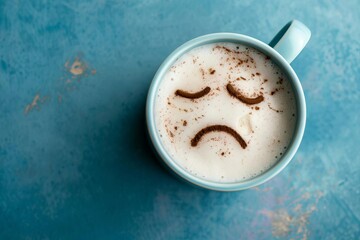 sad face drawn on coffee foam in blue mug negative emotions and loneliness concept top view