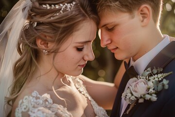 Up-close perspective of a bride and groom sharing a tender moment, their eyes locked in love, surrounded by the warmth of sunlight, embodying the essence of marital bliss and unity 07