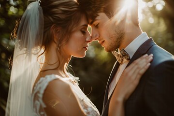Up-close perspective of a bride and groom sharing a tender moment, their eyes locked in love,...