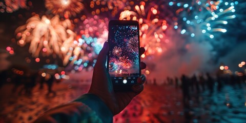 A person holds a smartphone to capture a photo of colorful fireworks in the sky.