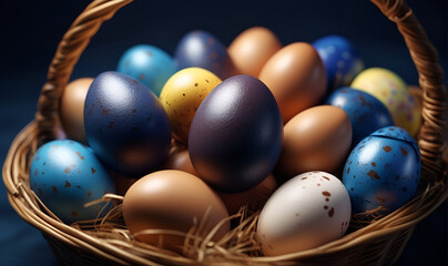 Fototapeta na wymiar Painted Easter Eggs in a vine basket