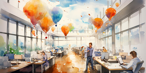 for advertisement and banner as Innovation Hub A watercolor vision of an office buzzing with innovative ideas. in watercolor office room theme-AI generated image
