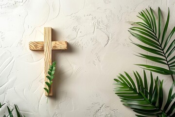 wooden cross and palm leaves on neutral background palm sunday and holy week concept copy space - obrazy, fototapety, plakaty
