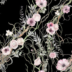 Floral seamless pattern of tender flowers and branches. Hand painted watercolor illustration.
