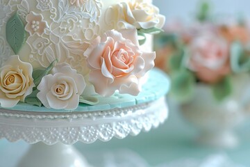 Intimate view of a miniature wedding cake featuring intricate lace icing, pastel-colored sugar roses, and dainty fondant pearls, set on a vintage-inspired cake stand 01 - obrazy, fototapety, plakaty
