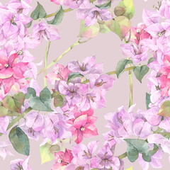 Seamless floral pattern of tropical flowers. Hand painted watercolor illustration.
