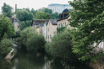 Fototapeta na wymiar Houses on the bank of river Alzette in Luxembourg City, Luxembourg.