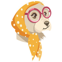 cartoon vector dog with glasses and headscarf, portrait of a dog on a white background