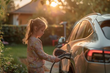 Little Girl Charging Electric Car at Sunset