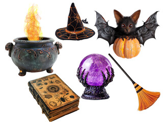 Halloween kit including:  witch hat, evil cauldron, bat and pumpkin, grimoire, crystal ball and magic broom on transparent background