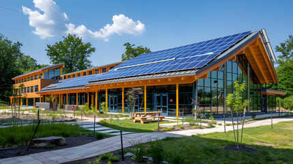 Fototapeta na wymiar A net-zero energy school complex utilizing photovoltaic panels and geothermal heating designed to educate students on sustainability and environmental stewardship.