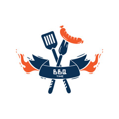 BBQ Time. Ribbon Banner with Fire Flames and Grill Tools icon. Sausage on a Barbecue Fork with Spatula. Vector illustration.