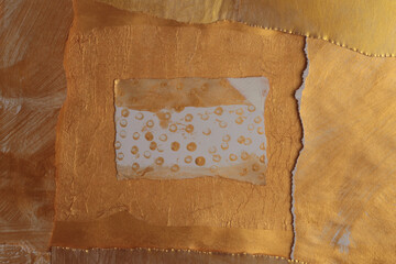 Gold, bronze paper collage paper frame painting wall. Abstract glow texture copy space relief background. - 785702515