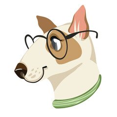 cartoon vector fashionable bull terrier with glasses, portrait of a dog on a white background
