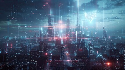 Obraz premium Visualization an AI merging with the particles of another, showcasing its victory and enhanced capabilities, amidst a futuristic cityscape