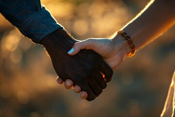 Extreme close-up of a diverse couple's intertwined hands, illuminated by sunlight, showcasing the complexities of divorce, yet hinting at the strength of their bond 02