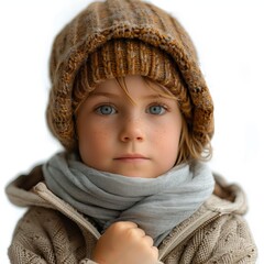 Child with knitted hat and scarf stares