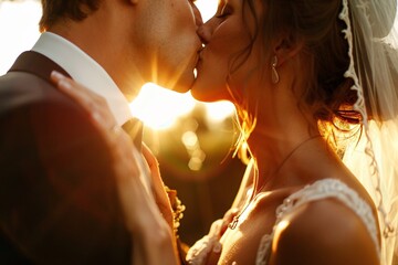 Extreme close-up of a bride and groom sharing a kiss, their faces aglow with happiness and love, bathed in sunlight, representing the pinnacle of marital bliss and unity 01 - obrazy, fototapety, plakaty