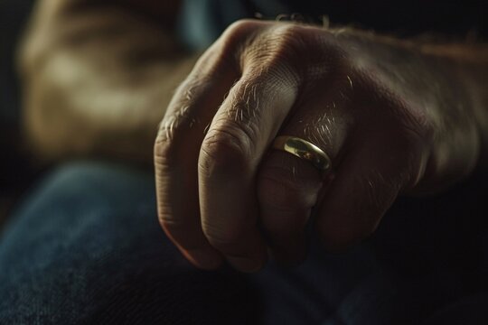 Extreme close-up of a man's hand removing his wedding ring, under harsh lighting, depicting the pain of letting go 01