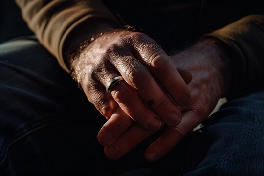 Extreme close-up of a man's hand removing his wedding ring, under harsh lighting, depicting the pain of letting go 02
