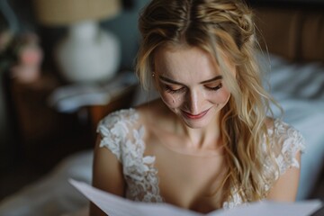 Detailed shot of a blonde bride's blue eyes welling up with tears of happiness as she reads a heartfelt letter from her soon-to-be spouse on her wedding morning, surrounded by bridal accessories.