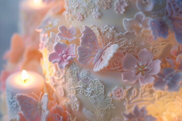 Close-up shot of a wedding cake with intricate lace detailing, delicate sugar flowers, and pastel-colored butterflies, bathed in soft candlelight, exuding romance and elegance 02