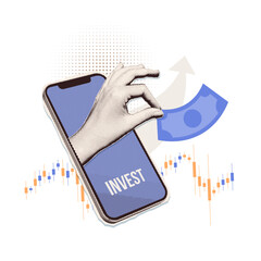 Minimalist collage with halftone-style hand investing money online. Stock trading metaphor composition. Finance-themed banner with money, phone and candlesticks graph. Cutouts magazines. Vector