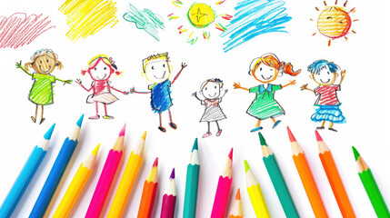 Children's drawing with colored pencils: schoolchildren, students, cheerful children on a white background. Learning, children education concept.
