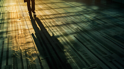 A persons shadow cast over a complex financial spreadsheet on the floor symbolizing the oversight and analysis required in financial management. - obrazy, fototapety, plakaty