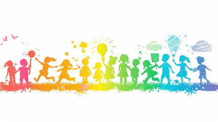 Banner, poster, children's drawing with colored pencils: a group of schoolchildren on a white background. Learning, children education concept.