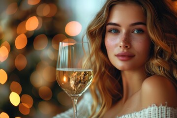 An elegant young woman holds a champagne glass, her beauty and festive spirit enhanced by the warm bokeh lights in the background