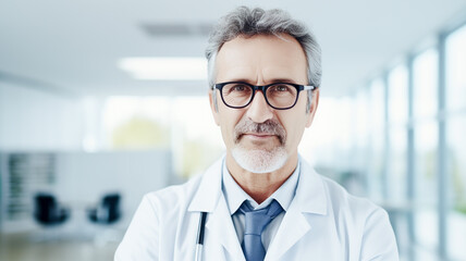 Confident mature doctor with eyeglasses posing at camera, healthcare and medicine. 

