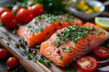 Raw salmon fillets with fresh herbs, pepper, and tomatoes, ready for cooking - obrazy, fototapety, plakaty