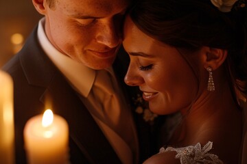 Close-up of a bride and groom's loving embrace, their faces illuminated by soft candlelight, amidst...