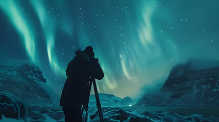 A photographer in the Arctic capturing the Northern Lights with a time-lapse camera.