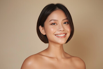 beautiful asian woman with short hair and shoulder length neckline bob hairstyle - obrazy, fototapety, plakaty