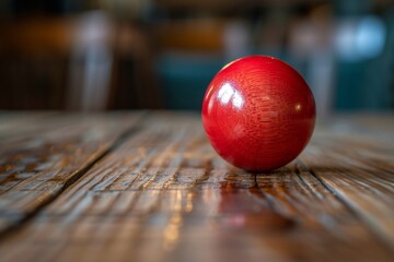 Close-up shot of a red ball centered on a wooden table with the background softly blurred, emphasizing the texture of wood and the ball