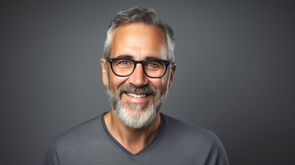 Portrait of happy mature man wearing spectacles and looking at camera indoor. Man with beard and glasses feeling confident posing against a grey background.

 - obrazy, fototapety, plakaty