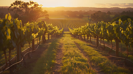 Fototapeta premium A picturesque vineyard at sunset with rows of grapevines stretching towards the horizon.