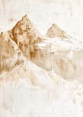 Contemporary painting, mountain landscape, abstract art in a calm beige and white color palette. A painting for the wall. Vertical image. 