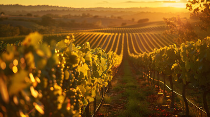 A picturesque vineyard at sunset with rows of grapevines stretching towards the horizon.