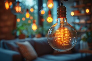 Warmly lit Edison bulb with filament detail in a cozy indoor setting with bokeh